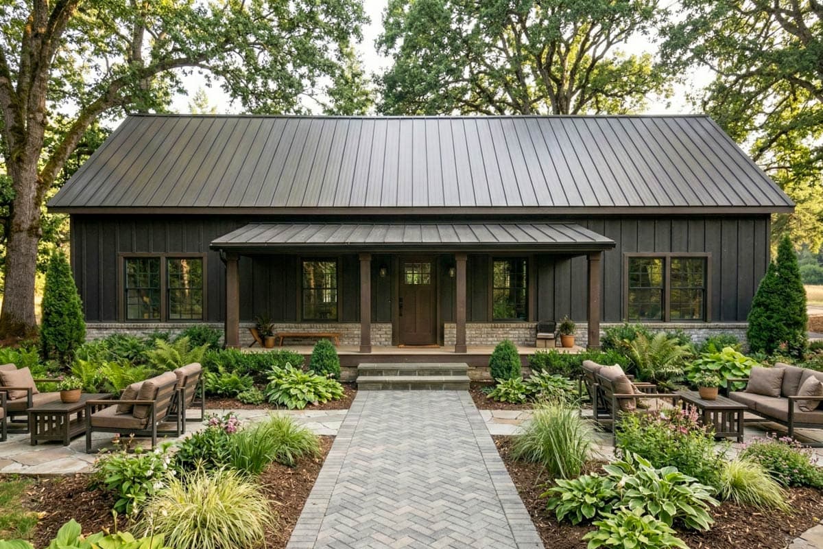 House plan exterior. One-story Modern Farmhouse with a metal roof, front porch with shed roof, and vertical siding. Two windows flank the entry.