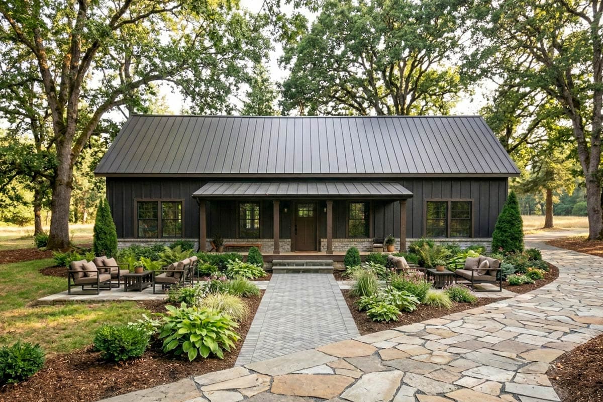 House plan exterior. Modern farmhouse with dark siding, a metal roof, and a covered porch. Single-story design.