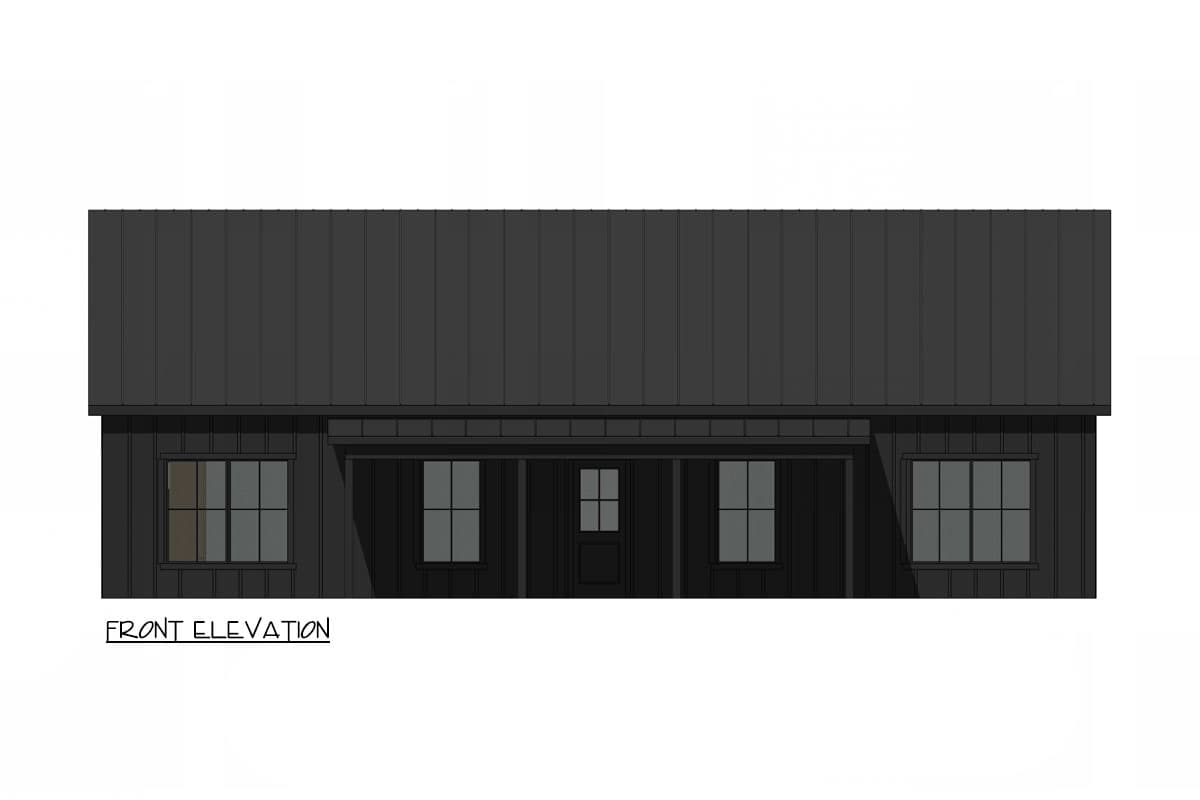 House plan front elevation featuring a single-story design, a covered porch, multiple rectangular windows, and a dark metal roof.