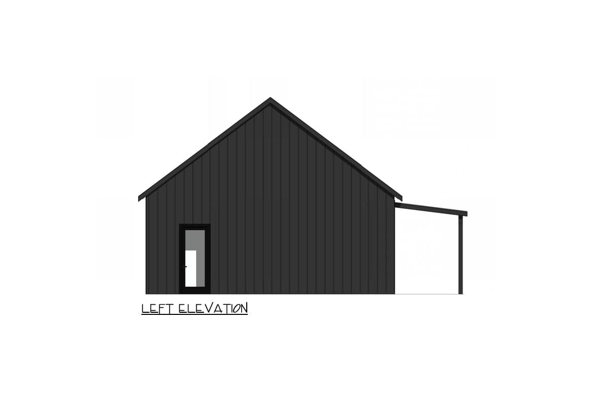 House plan exterior, left elevation view. Features a gabled roofline, a single door, and a covered porch. Black siding.