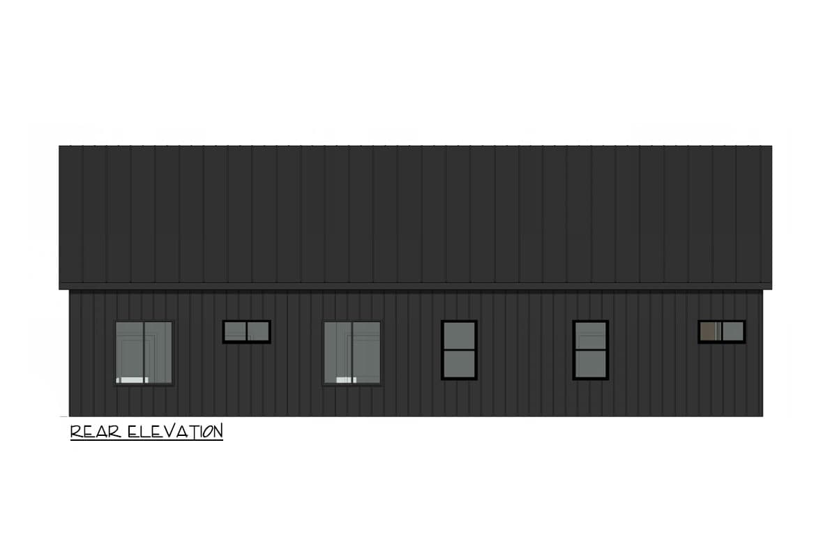 Rear elevation house plan showing a single-story structure with a metal roof and horizontal siding. Features include multiple rectangular windows.