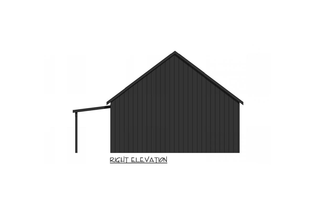 House plan exterior right elevation. Features a simple gable roof, vertical siding, and a covered porch area.