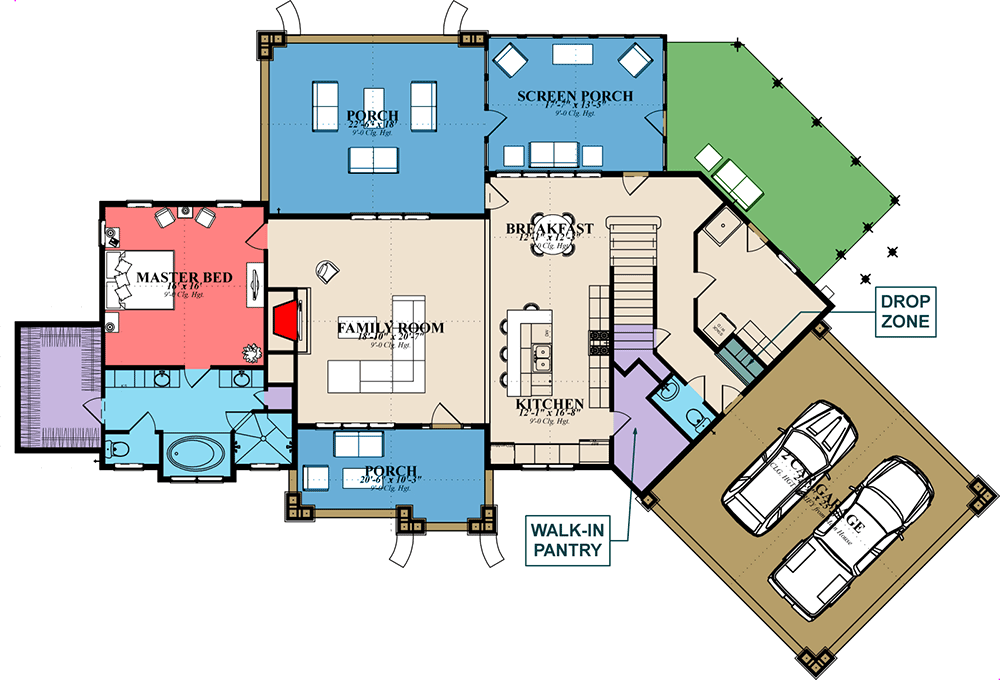 Plan 86404HH: Two-Story Lake House Plan with Angled Carport - 3345 Sq Ft - Floor Plan - Main Level - Country, Craftsman
