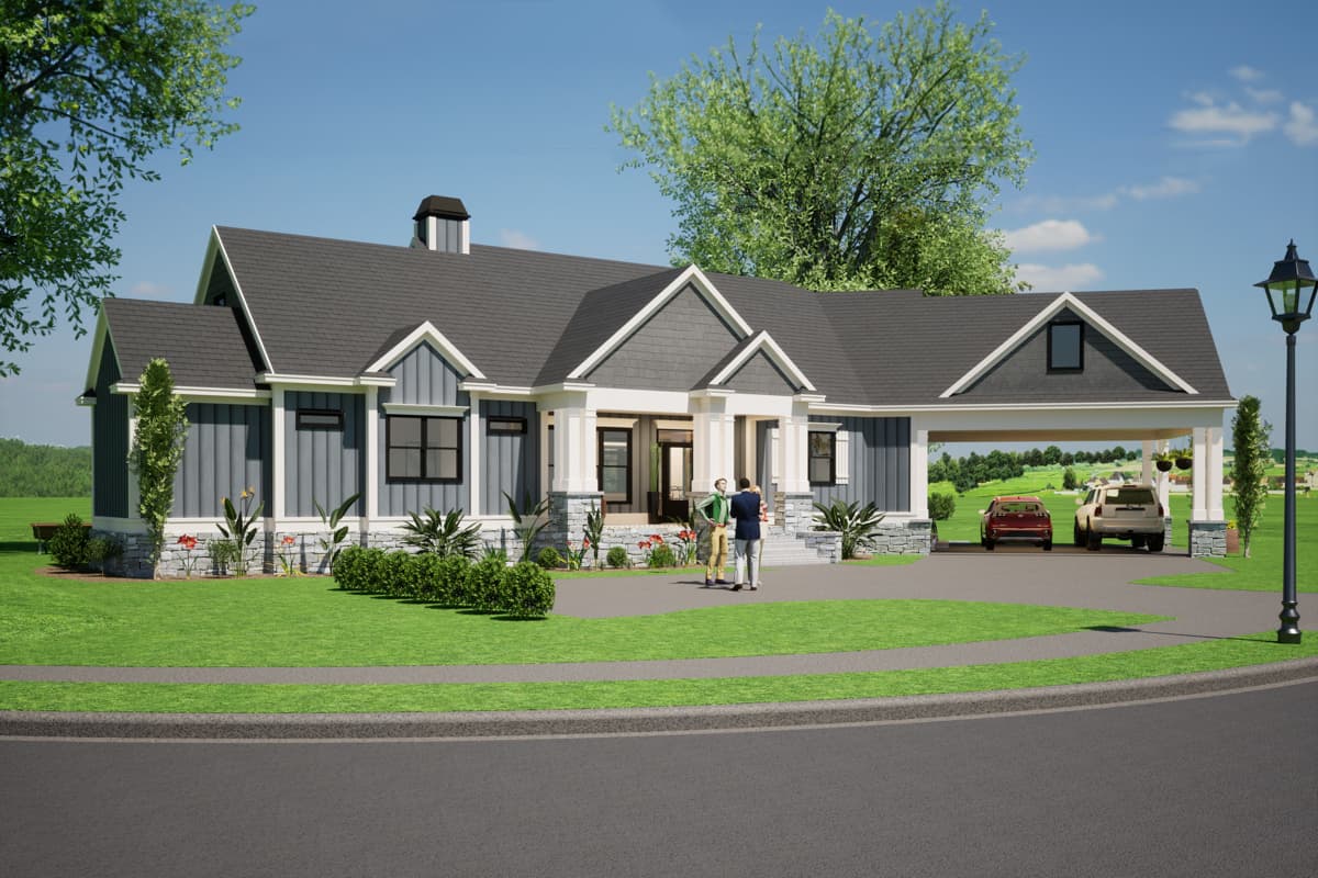 Modern Farmhouse house plan exterior with a covered front porch, gabled dormers, vertical siding, stone accents, and an attached carport.