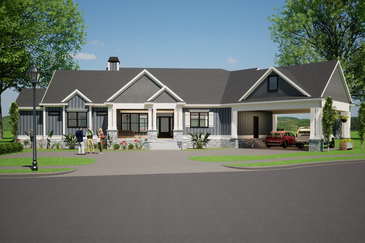 House plan exterior. Craftsman style with a single story, front porch, gables, and attached carport. Features stone accents and dark shingle roof.