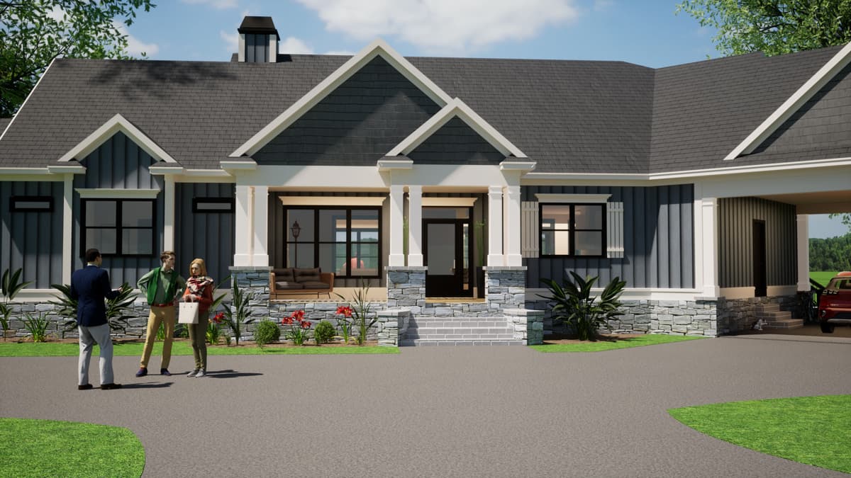 Modern Farmhouse house plan exterior with a covered front porch, gable dormers, stone accents, and an attached carport.