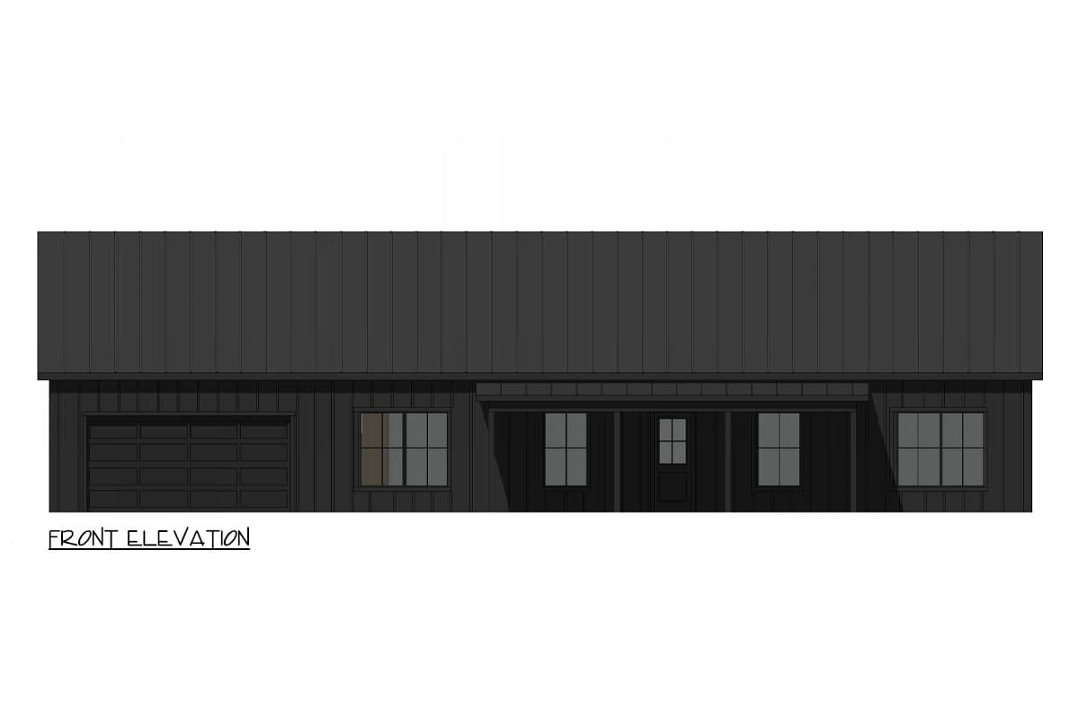 Front elevation drawing of a one-story house with a metal roof, garage, covered porch, and multiple windows.