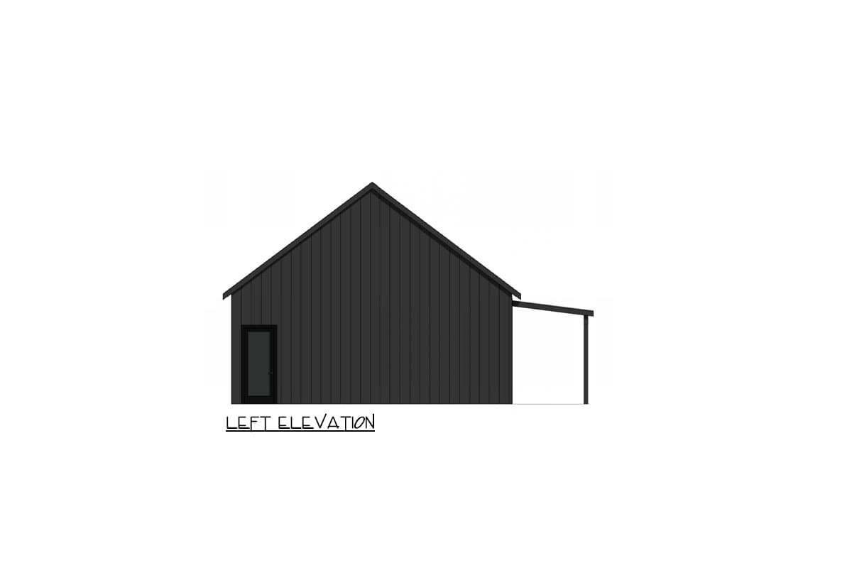 Left elevation of a house plan showing a gable roof, vertical siding, one door, and an attached open porch.