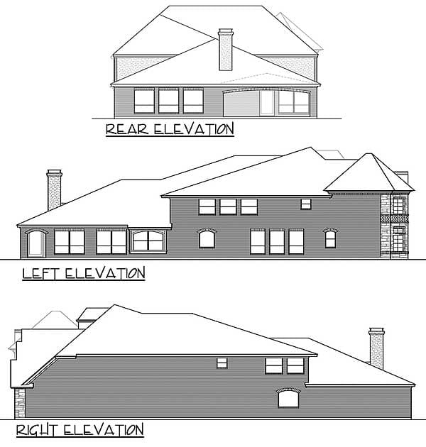 Rear, left, and right elevations of a house plan showing multiple gables, a prominent chimney, and varied window arrangements.