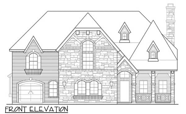 Front elevation house plan featuring stone and siding, multiple gables, dormers, arched windows, and a covered front porch.
