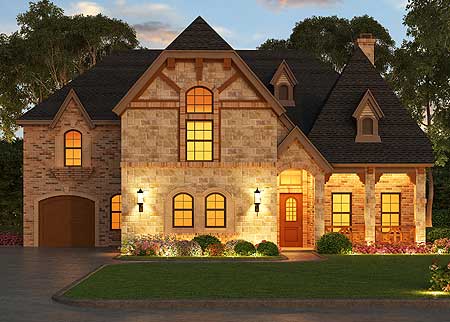 House plan exterior: Two-story home with stone facade, arched windows, prominent gables, covered porch, and side-entry garage.