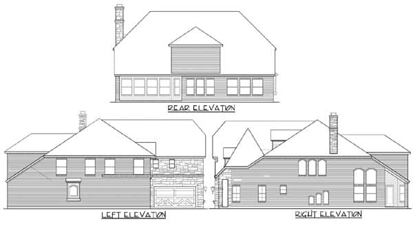 Architectural house plan elevations: rear, left, and right views showing a two-story home with a garage and chimney.