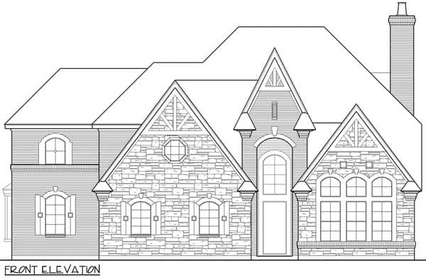 Front elevation drawing of a two-story house with stone accents, multiple gables, arched windows, and a prominent chimney.