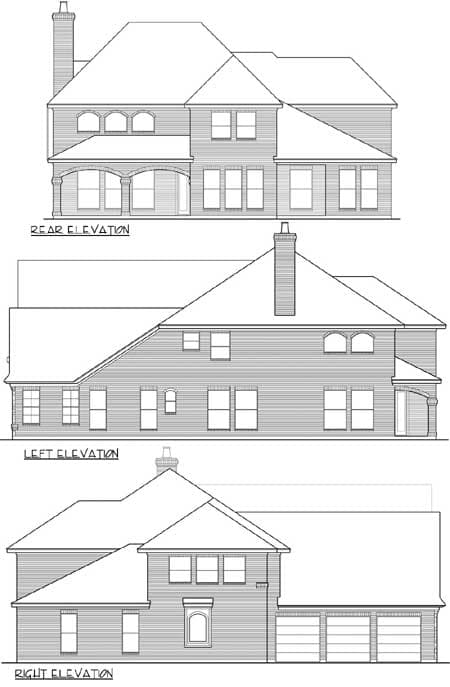 Rear, left, and right elevations of a two-story house plan showing gables, arched windows, and a three-car garage.