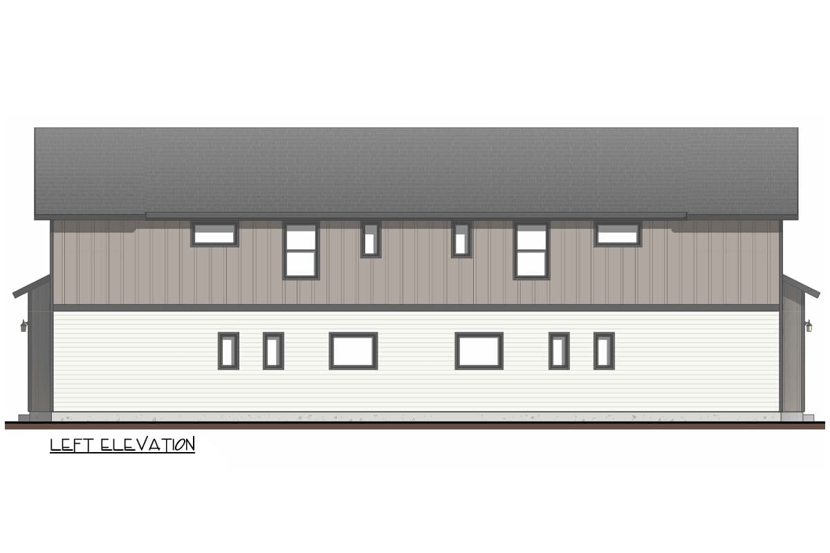 Left elevation of a two-story house plan with horizontal siding on the first floor and vertical siding on the second floor.