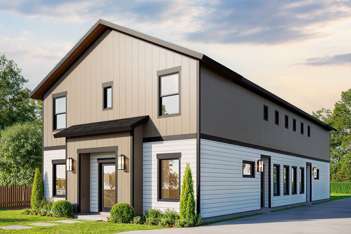 Modern house plan exterior, two stories, board and batten siding, gabled roof, and prominent entry with transom windows and sconces.