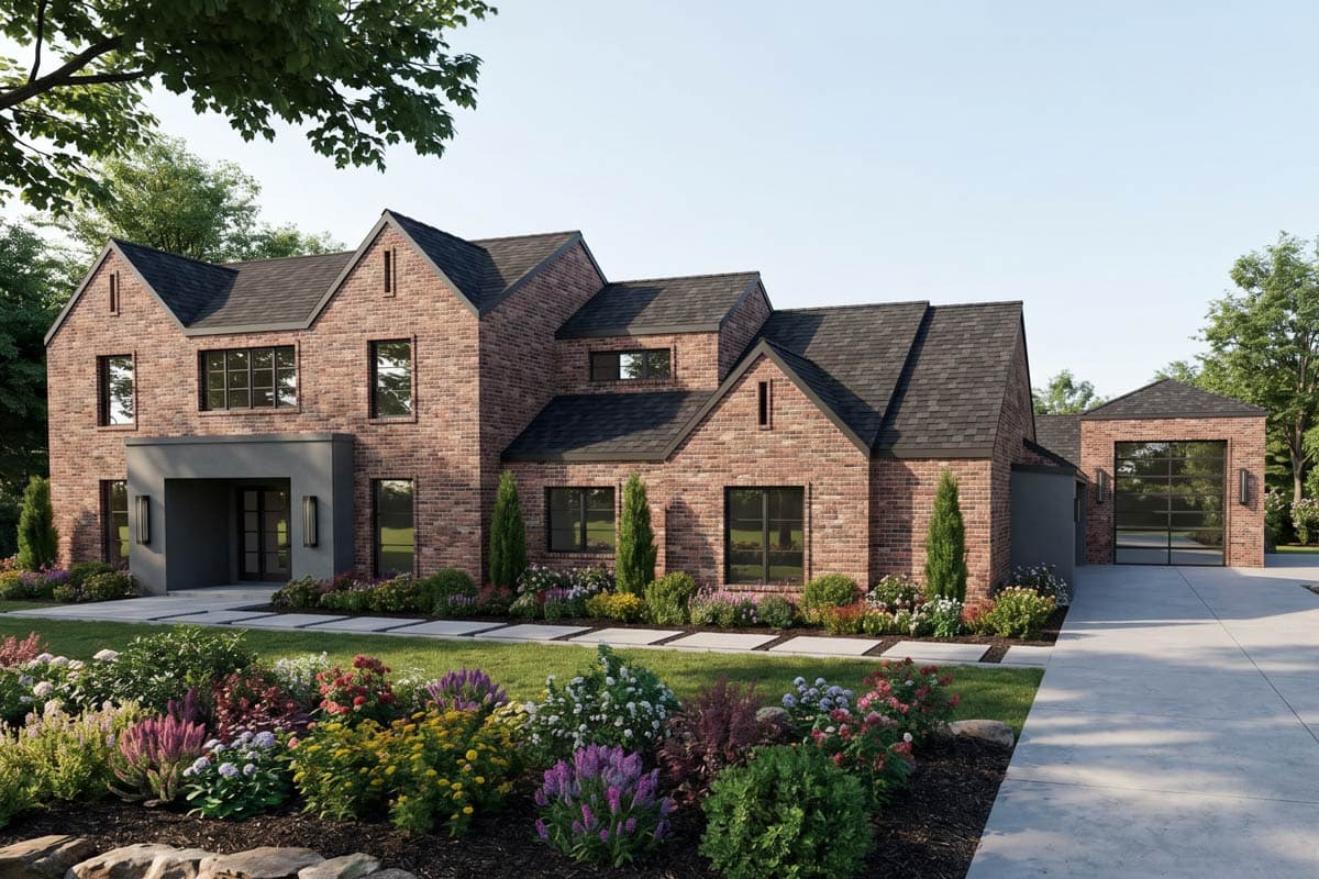 House plan exterior with two stories. Features include multiple gables, a covered entryway, and large windows. Gray brick facade and dark roof.