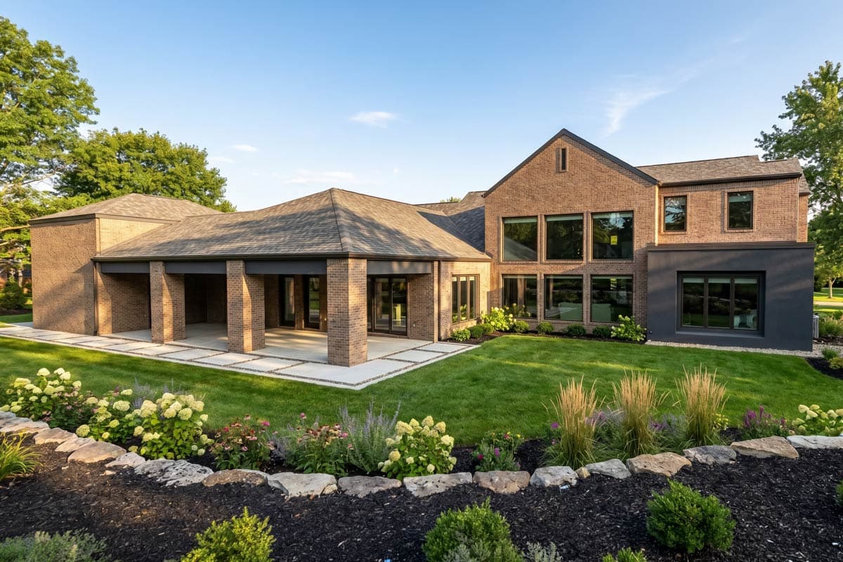 House plan exterior with two stories, gabled rooflines, brick facade, covered entryway, and attached garage with glass door.