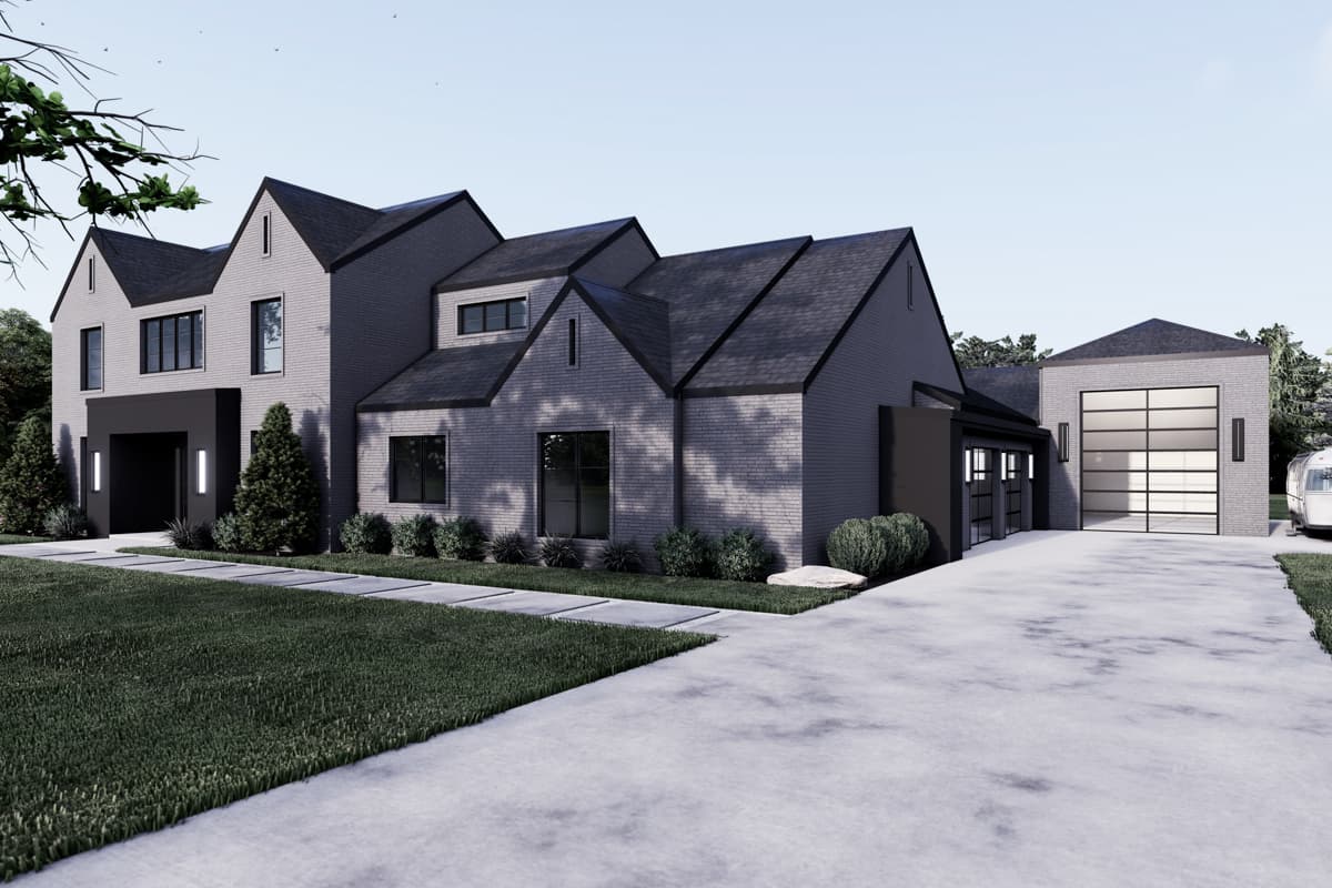 House plan exterior with two stories, gabled rooflines, brick facade, covered entryway, and attached garage with glass door.