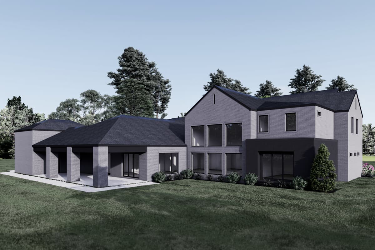 Modern house plan exterior with brick facade, pitched rooflines, covered porch with columns, and large windows.