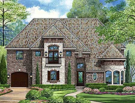 House plan exterior: Two-story, brick home with tiled roof, arched windows, balcony, and attached garage.