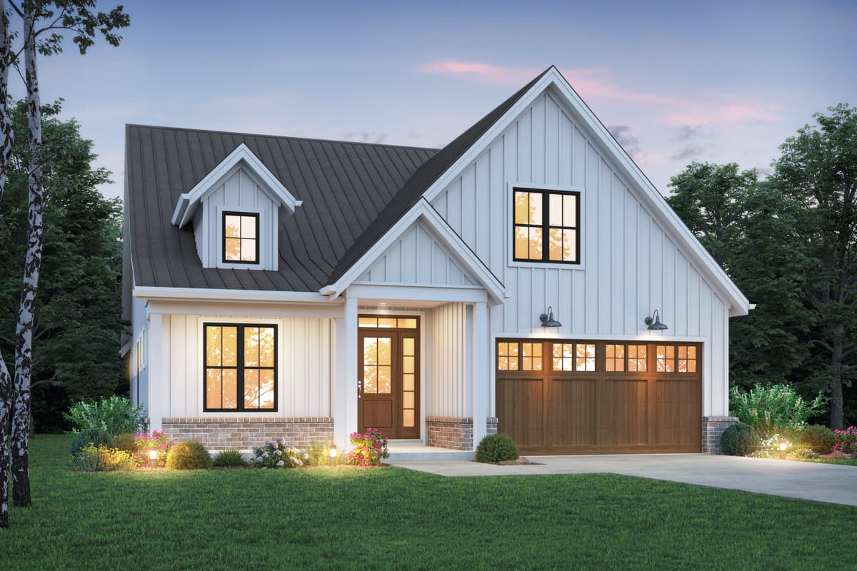 House plan exterior. Modern Farmhouse style with board-and-batten siding. Features include a gabled roof, dormers, and a two-car garage.