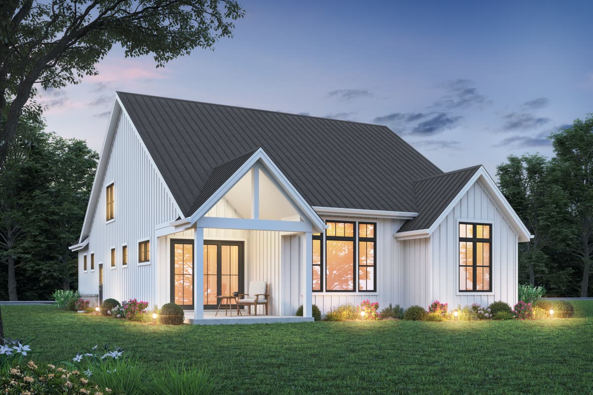 Modern Farmhouse house plan exterior with board-and-batten siding, metal roof, gabled entrance, and large windows.