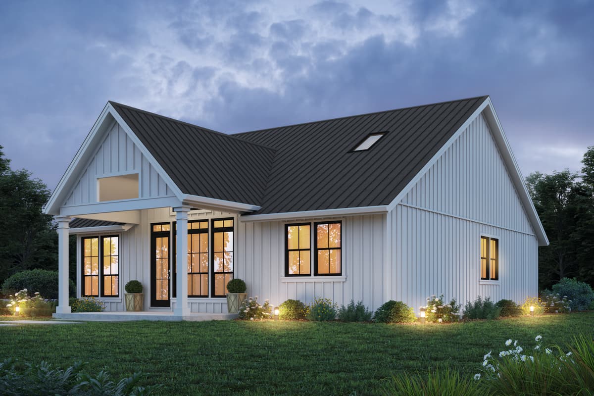Modern Farmhouse house plan exterior with board and batten siding, metal roof, gabled dormer, and covered porch.