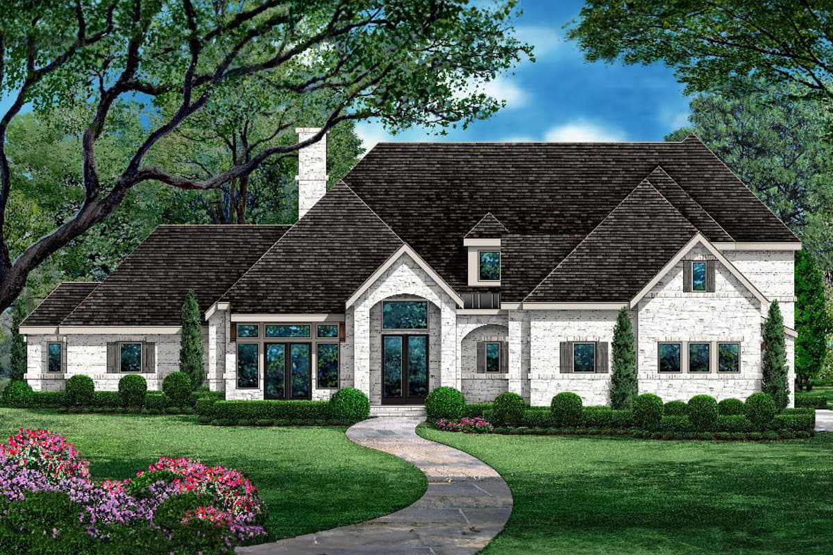 House plan exterior with brick facade, gable roof, and dormers. Features include an arched entryway and multiple windows with shutters.