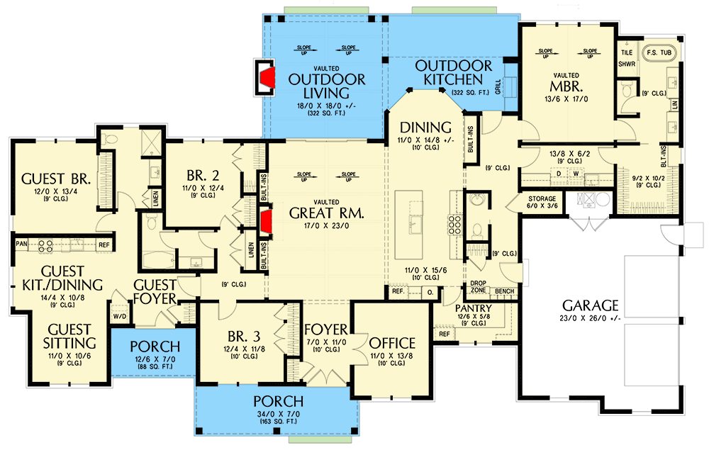 Plan 69862AM: Modern Farmhouse with Attached 729 Square Foot ADU Apartment - 3282 Sq Ft - Floor Plan - Main Level - Country, Farmhouse, Modern Farmhouse, New American