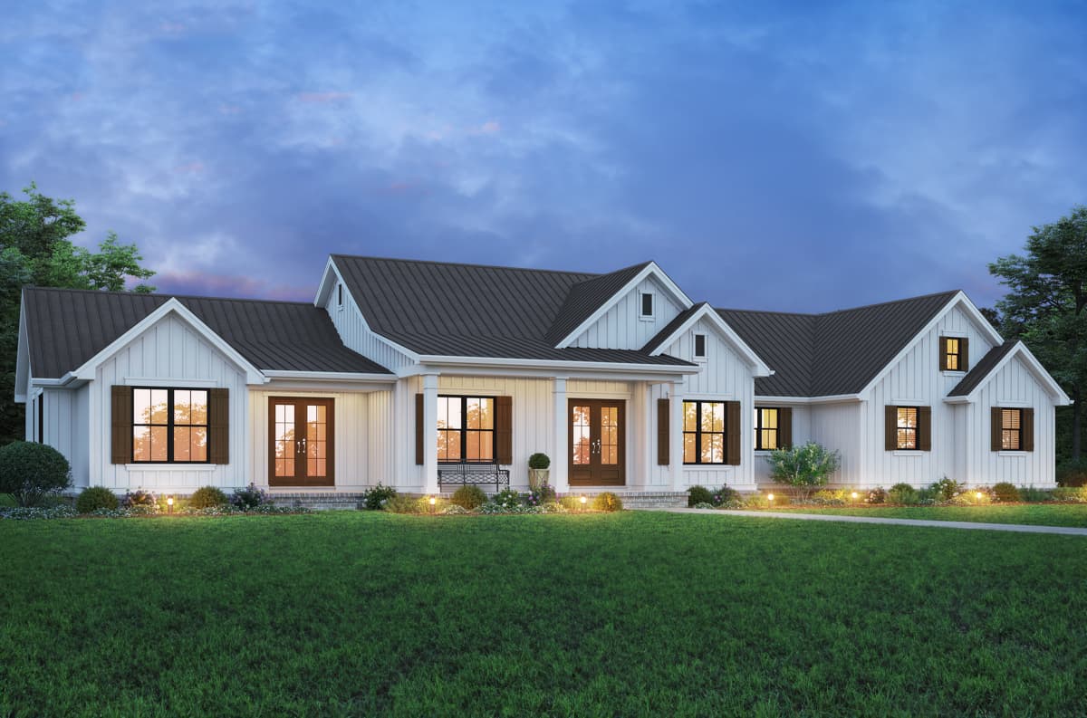 House plan exterior. Modern Farmhouse style with a single story, front porch, multiple gables, and dark metal roof.