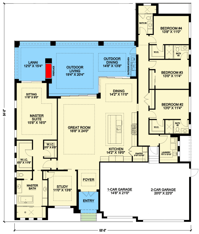 Plan 86151BW: Split Bedroom Coastal Contemporary House Plan with Home Study - 3202 Sq Ft - Floor Plan - Main Level - Coastal Contemporary, Contemporary, European, Florida-Style, Mediterranean