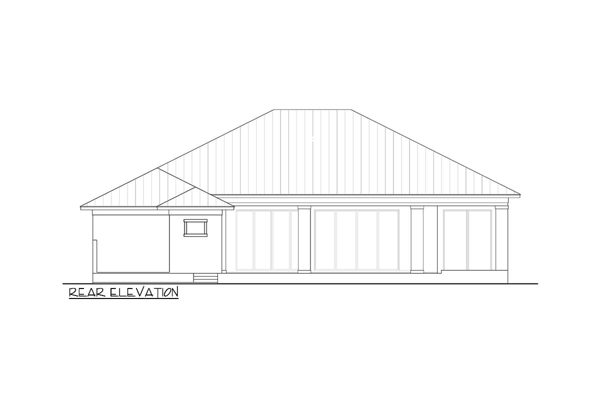 Rear elevation drawing of a house plan featuring a hip roof, covered porch, and large windows.