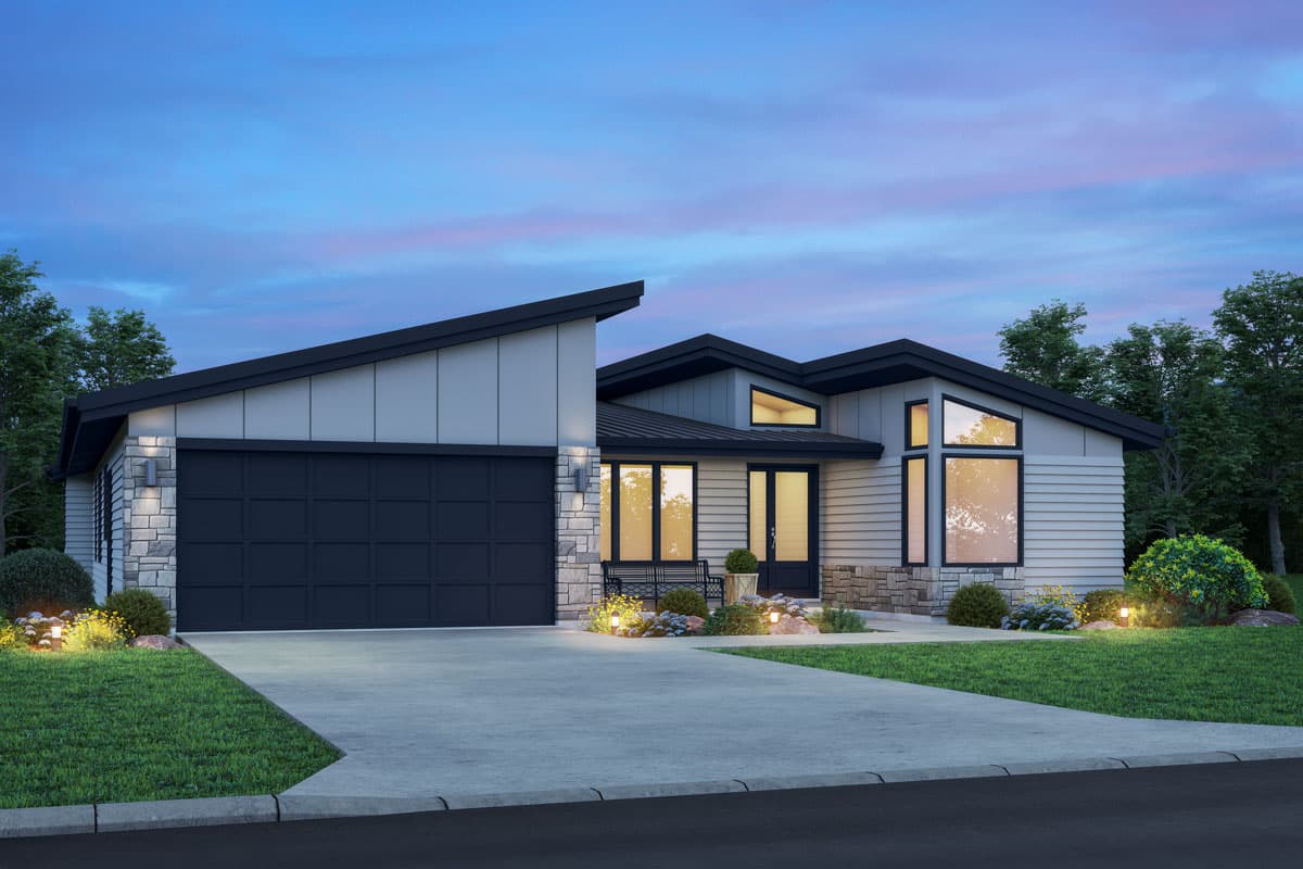 House plan exterior. Modern style, single story. Features include an asymmetrical roofline, a two-car garage, and a covered entry.