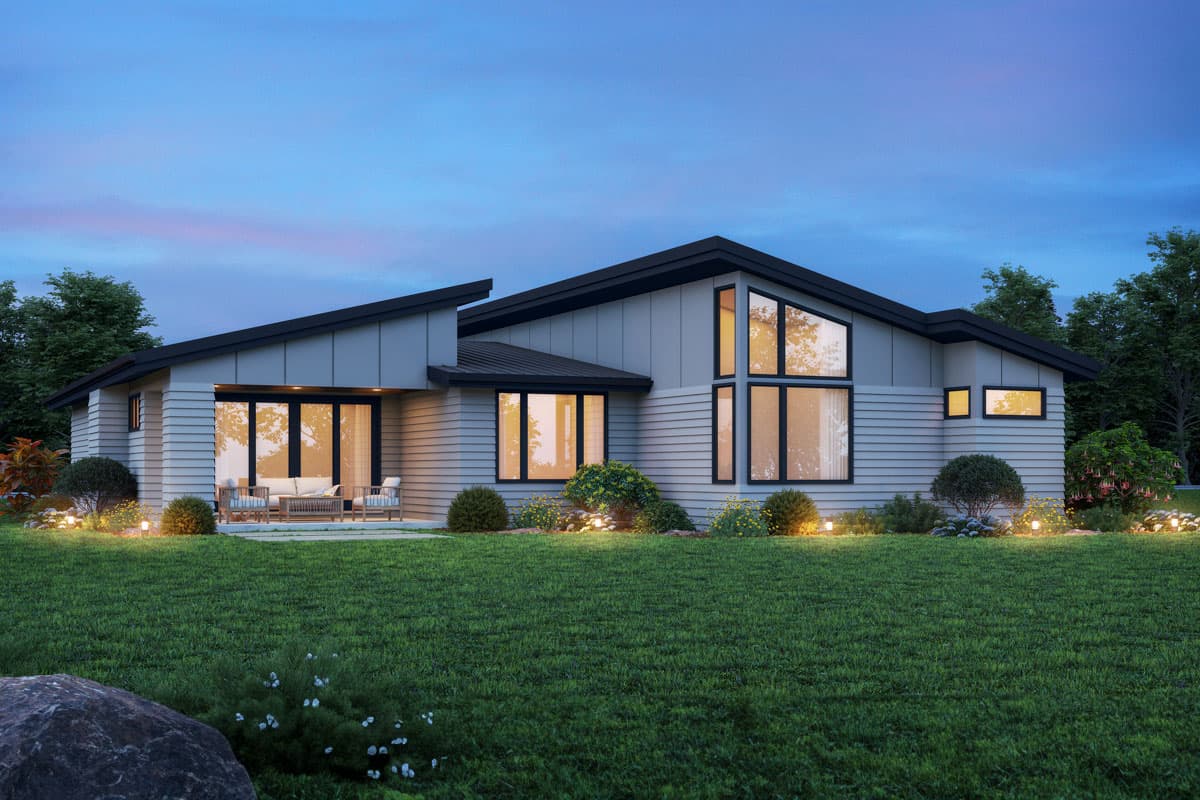 Modern house plan exterior with a pitched roof, large corner windows, and covered patio.