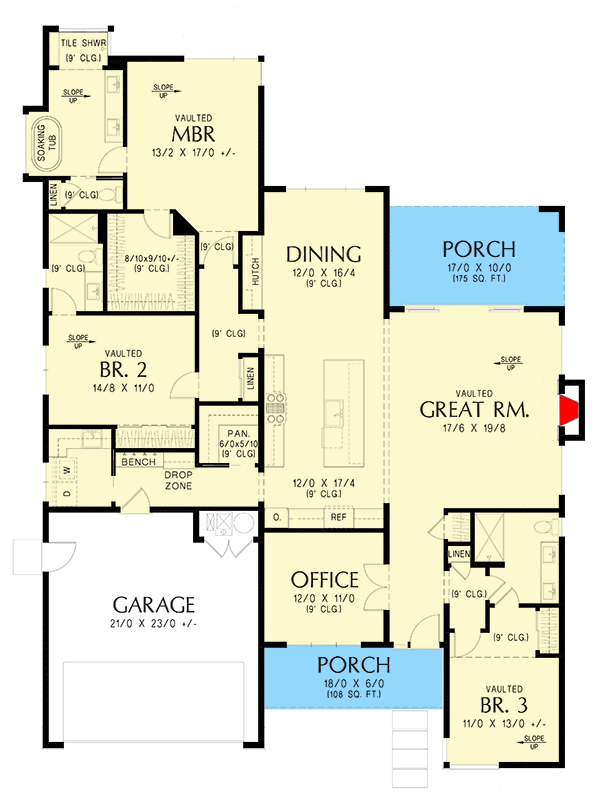 Plan 69864AM: Mid Century Modern House Plan with 10 Foot Deep Rear Porch - 2377 Sq Ft - Floor Plan - Main Level - Contemporary, Mid Century Modern, Modern, Ranch