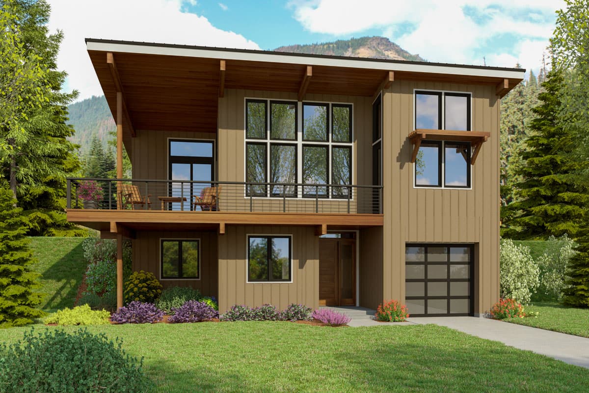 House plan exterior. Two-story modern design with shed roof, deck, and attached garage. Includes large windows and covered entry.