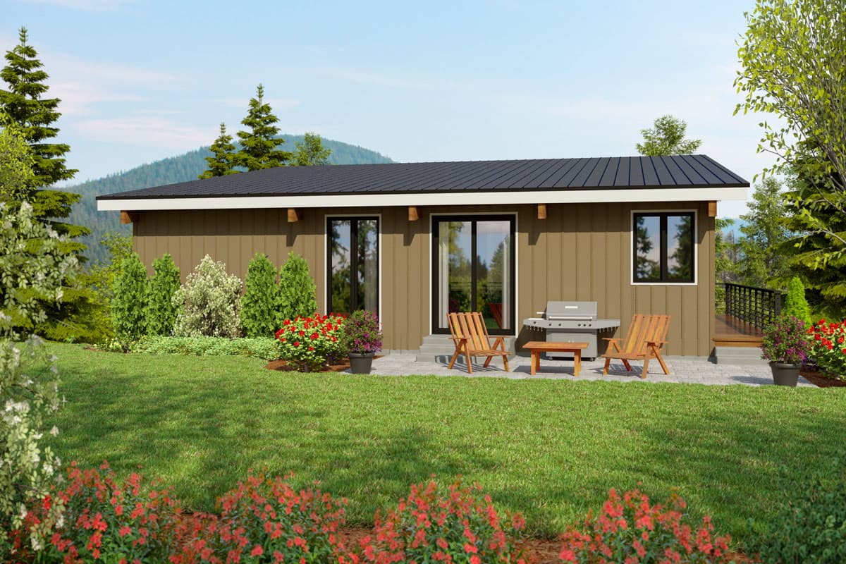 House plan exterior: Single-story modern design with vertical siding, a dark flat roof, and three large windows.