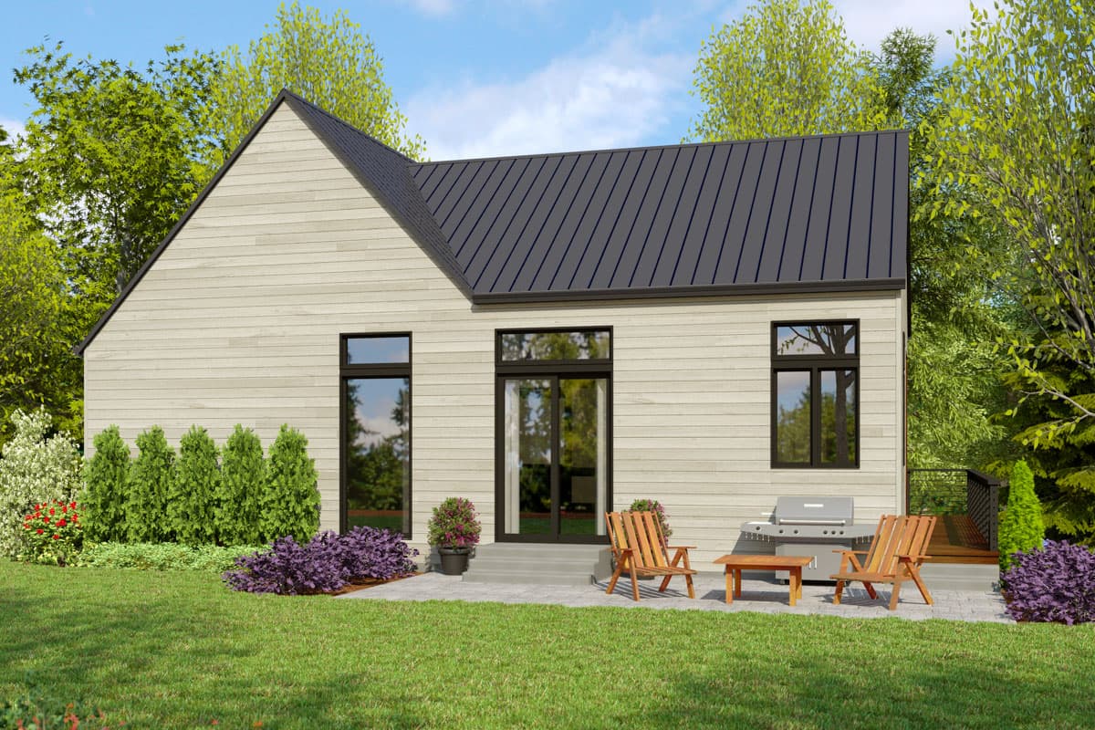 Modern house plan exterior: one story, horizontal siding, gable roof, metal roof, and large windows.