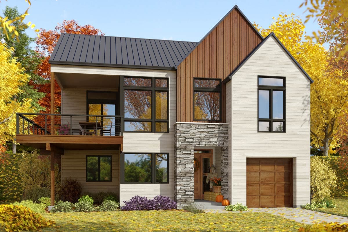 Two-story house plan exterior with dark metal roof, wood siding, stone accents, balcony, and attached garage.
