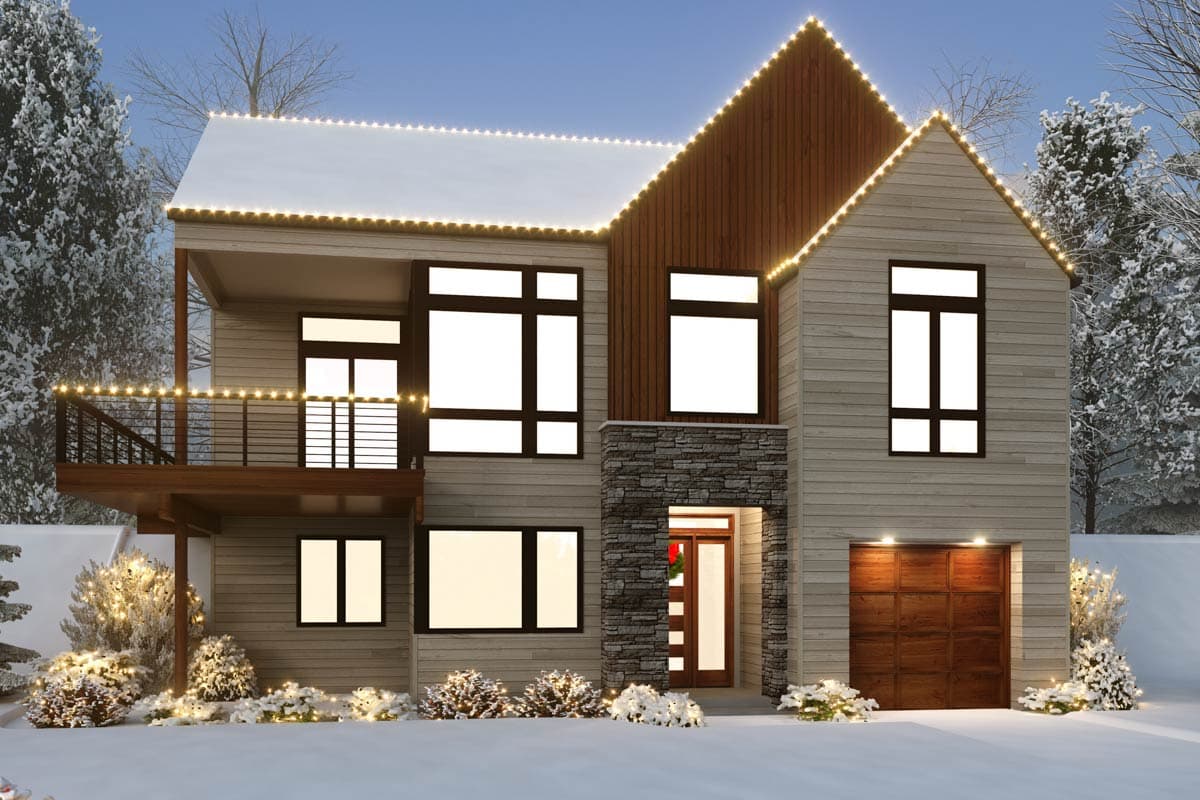Modern house plan exterior: two stories, wood siding, stone accents, balcony, and wood garage door, with holiday lights.