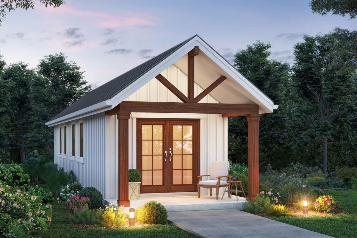 House plan exterior. One-story structure with a gable roof. Features a covered porch with exposed beams and French doors, and board and batten siding.