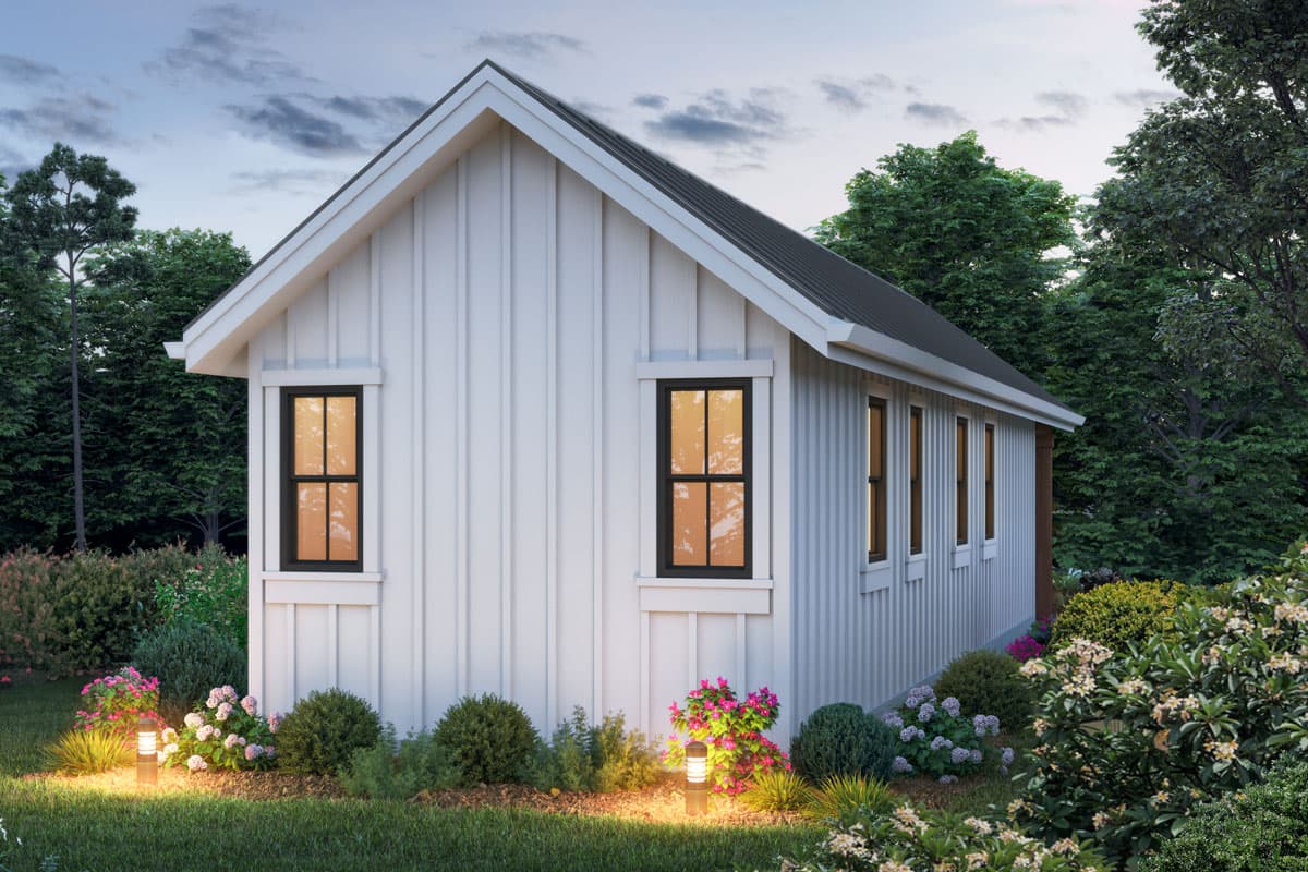 Modern farmhouse house plan exterior with board and batten siding, gable roof, and numerous windows.