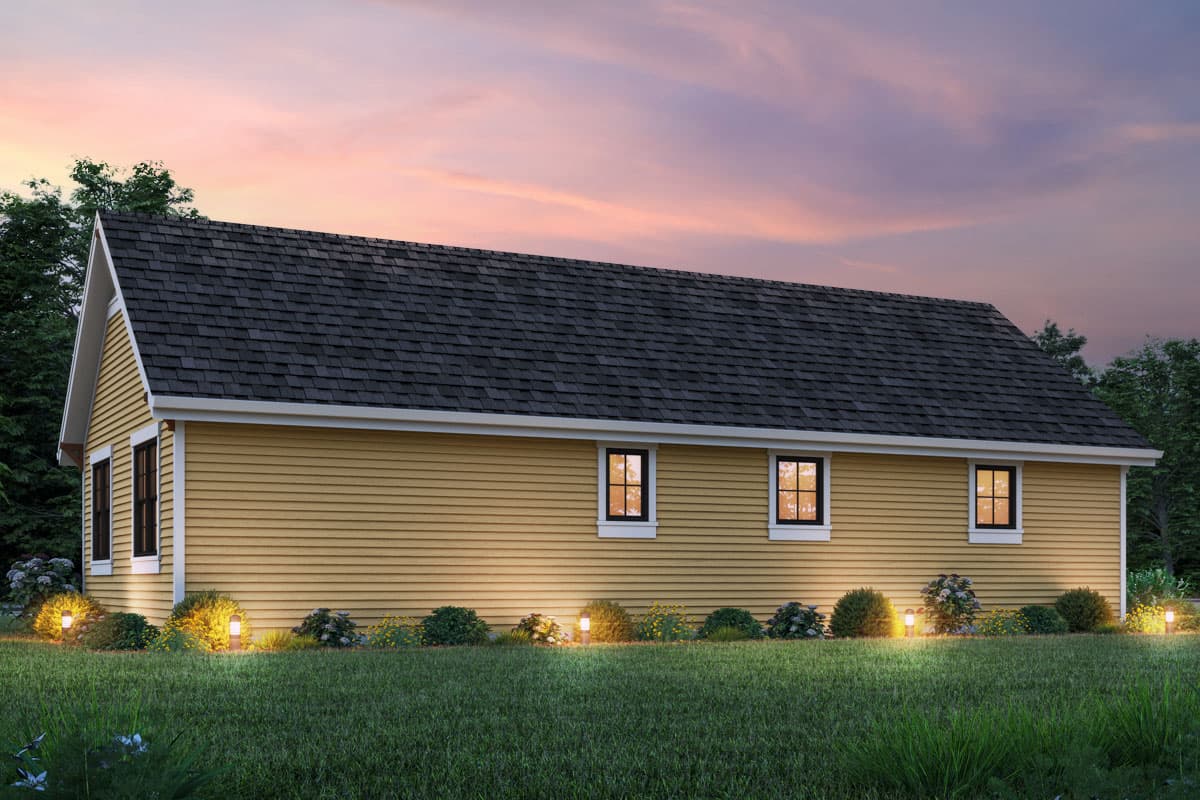 House plan exterior: A single-story structure with a gable roof, horizontal siding, and multiple windows.