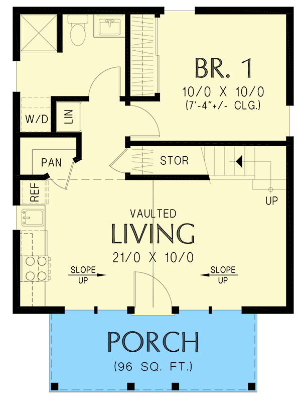 Plan 69869AM: Micro Cottage House Plan with 2-Story Living Room and Loft Above - 705 Sq Ft - Floor Plan - Main Level - Cabin, Cottage, Country, Craftsman, Modern Farmhouse