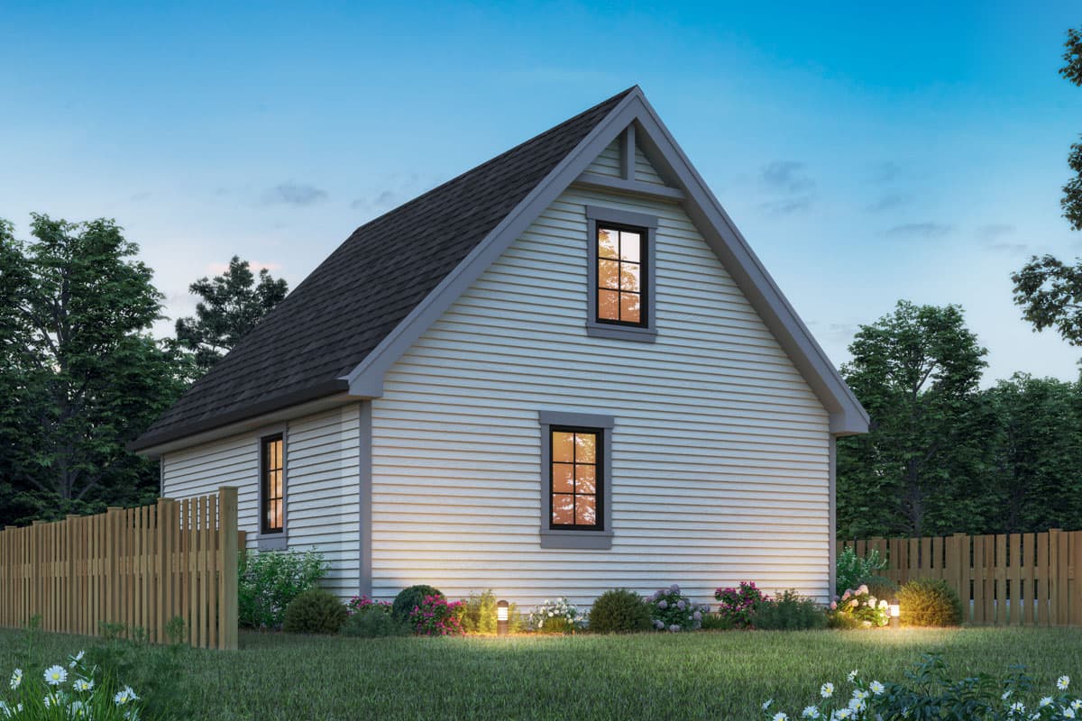 House plan exterior, two-story home with gabled roof, vinyl siding, and decorative gable trim.