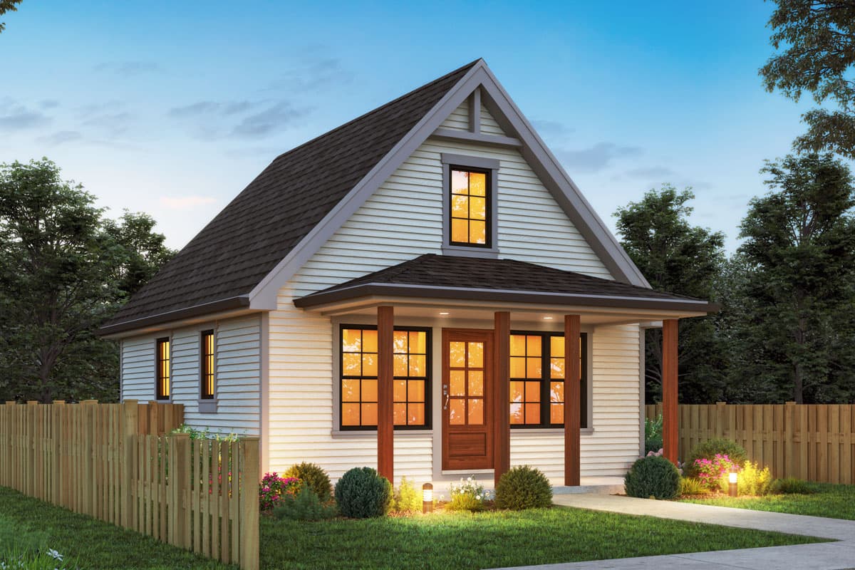 House plan exterior. Two-story Craftsman with front porch supported by columns. Features include gable roof and dormer window.