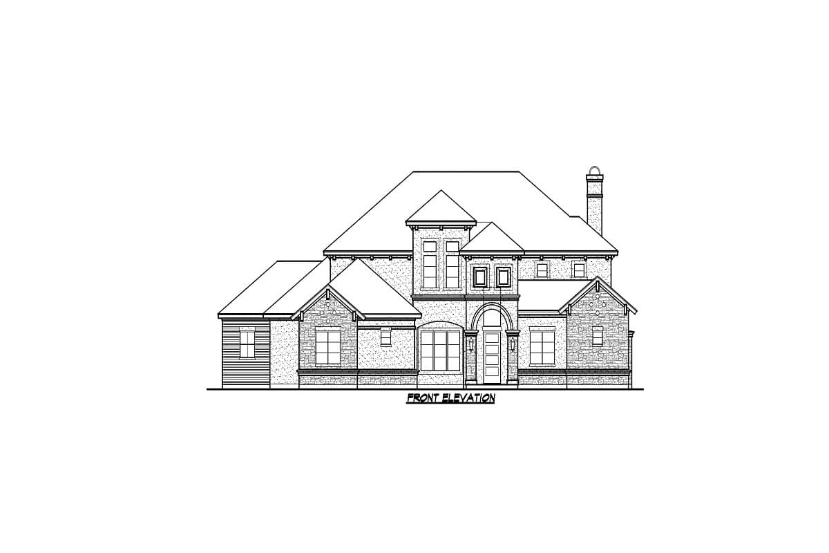 Front elevation house plan with arched entry, multi-level rooflines, stone and siding exterior, and a chimney.