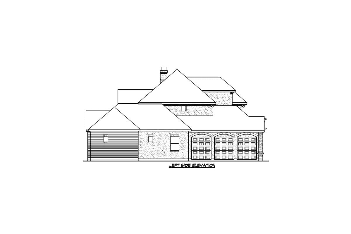 Left side elevation drawing of a house plan featuring multiple gables, a chimney, and a five-car garage with arched doorways.