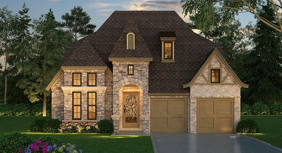 House plan exterior. Two-story home with a stone and brick facade, arched entry, gabled roof with dormers, and a two-car garage.